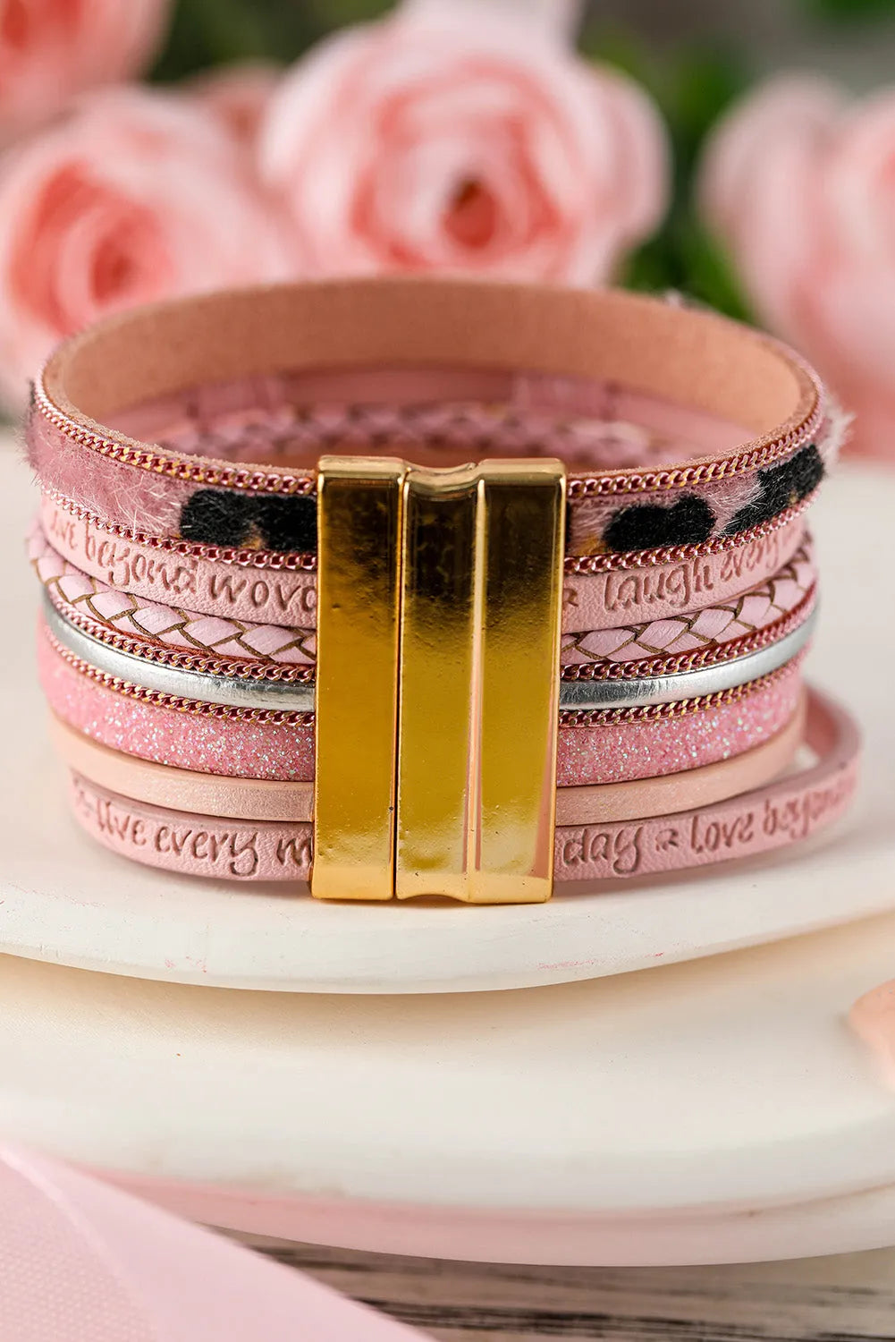Pink Leopard Letter Print Heart Shaped Magnetic Buckle Bracelet Bracelets - Tophatter Daily Deals