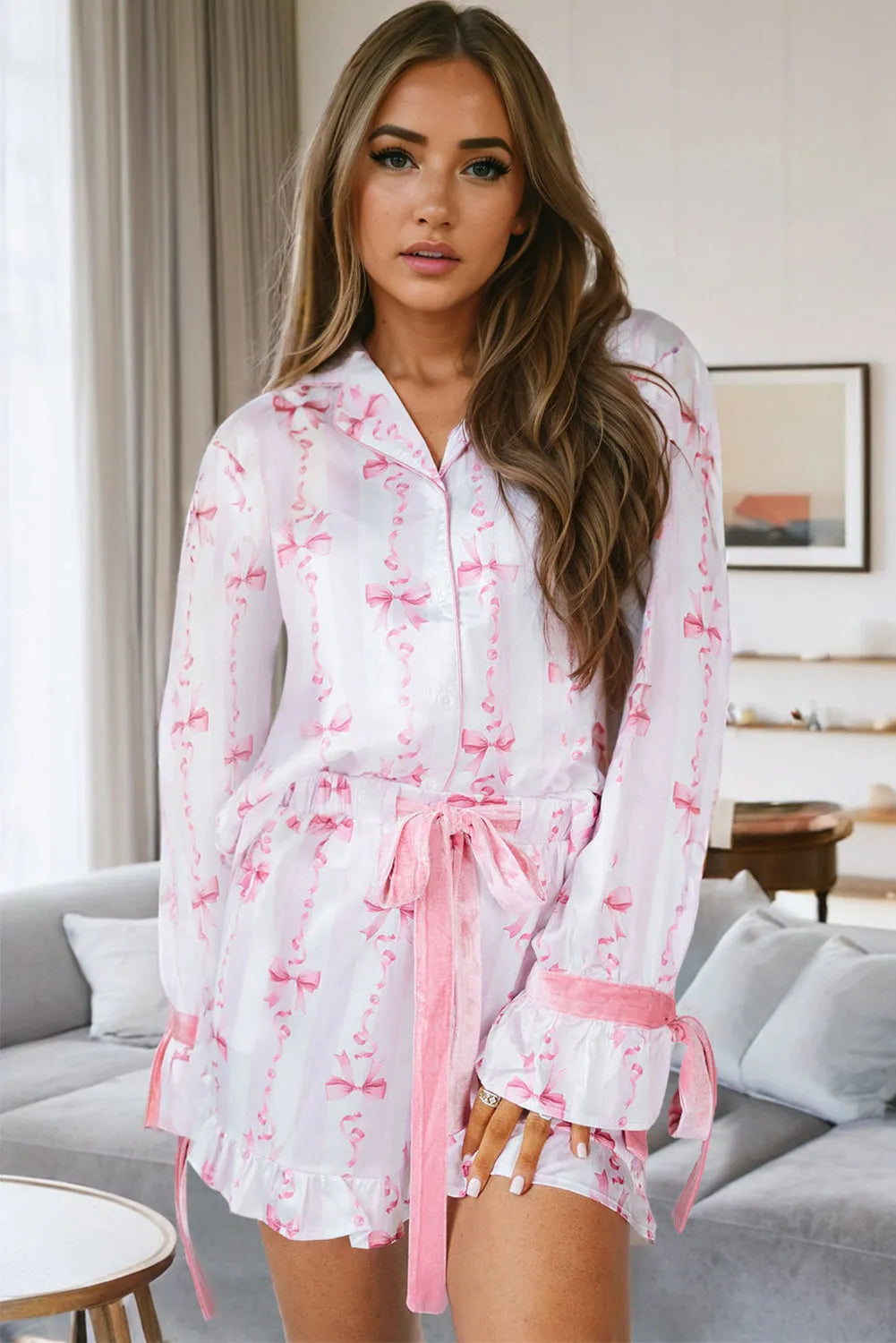 Pink Satin Bow Bell Sleeve Shirt and Ruffled Shorts Pajama Set Loungewear & Sleepwear/Sleepwear - Tophatter Daily Deals