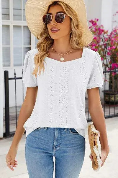 Eyelet Puff Sleeve T-Shirt White Women's T-Shirts - Tophatter Daily Deals