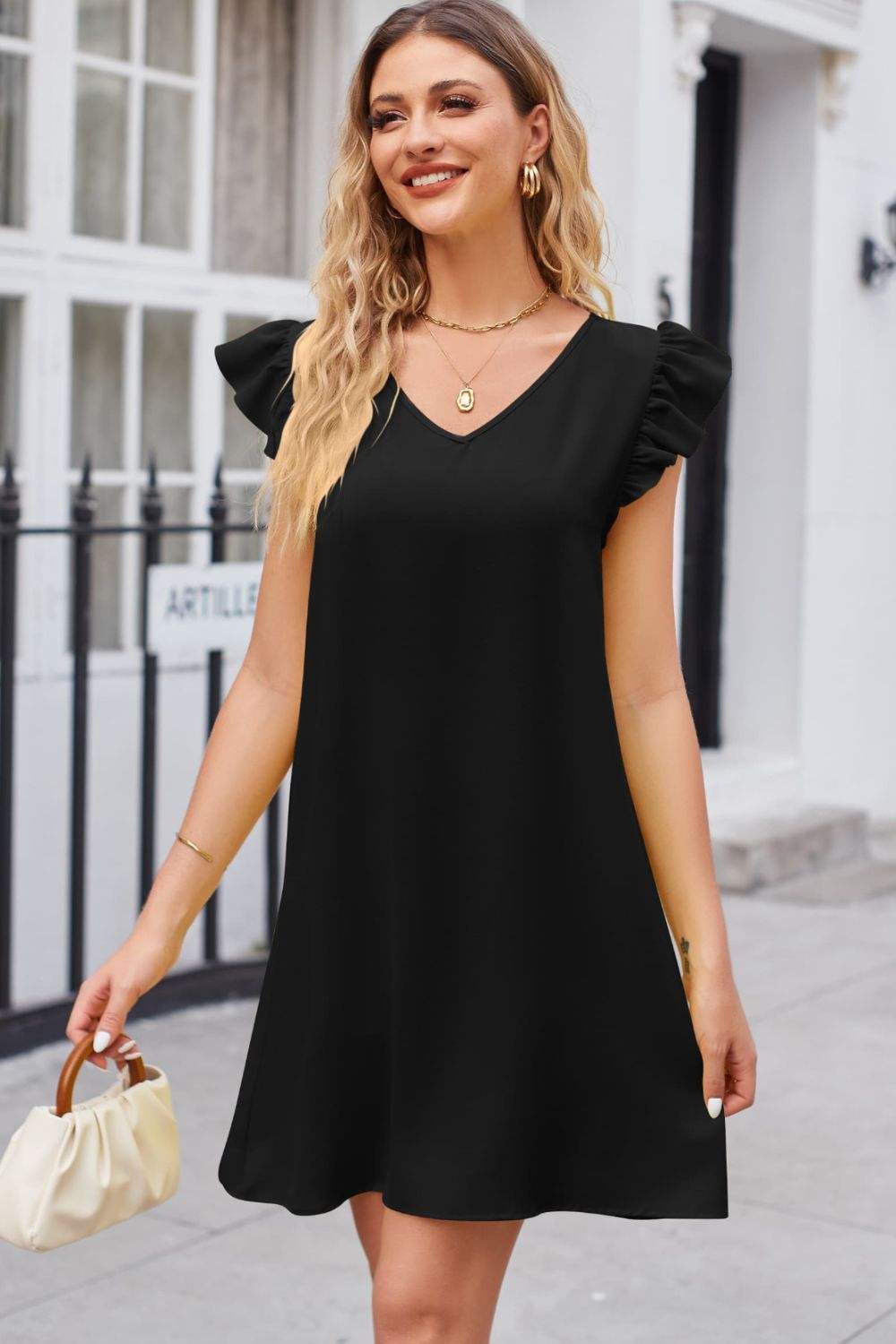 Ruffled V-Neck Flutter Sleeve Dress Black Casual Dresses - Tophatter Daily Deals