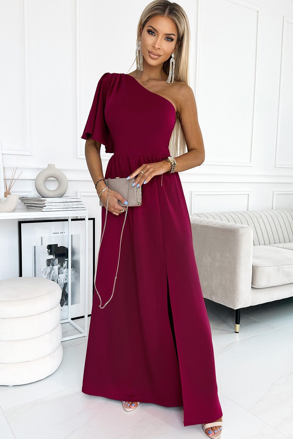 One shoulder Flutter sleeves Slit Dress - Tophatter Deals