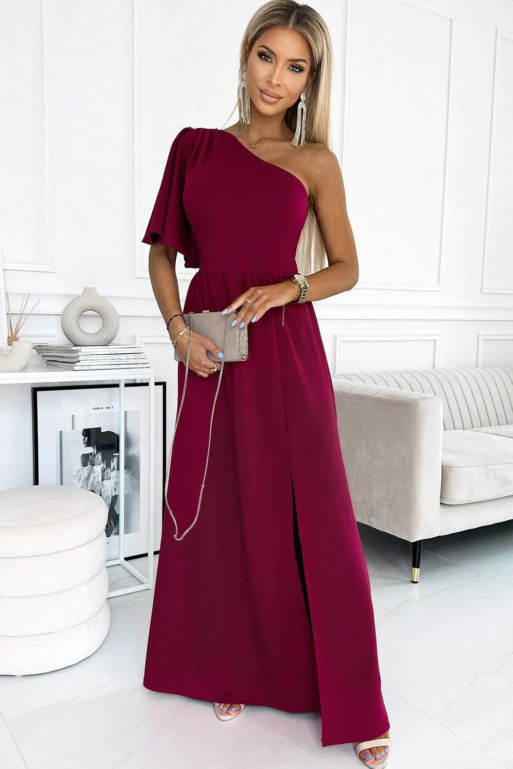 One shoulder Flutter sleeves Slit Dress Deep Red Cocktail Dresses - Tophatter Daily Deals