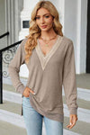 Slit V-Neck Long Sleeve T-Shirt Khaki Women's T-Shirts - Tophatter Daily Deals