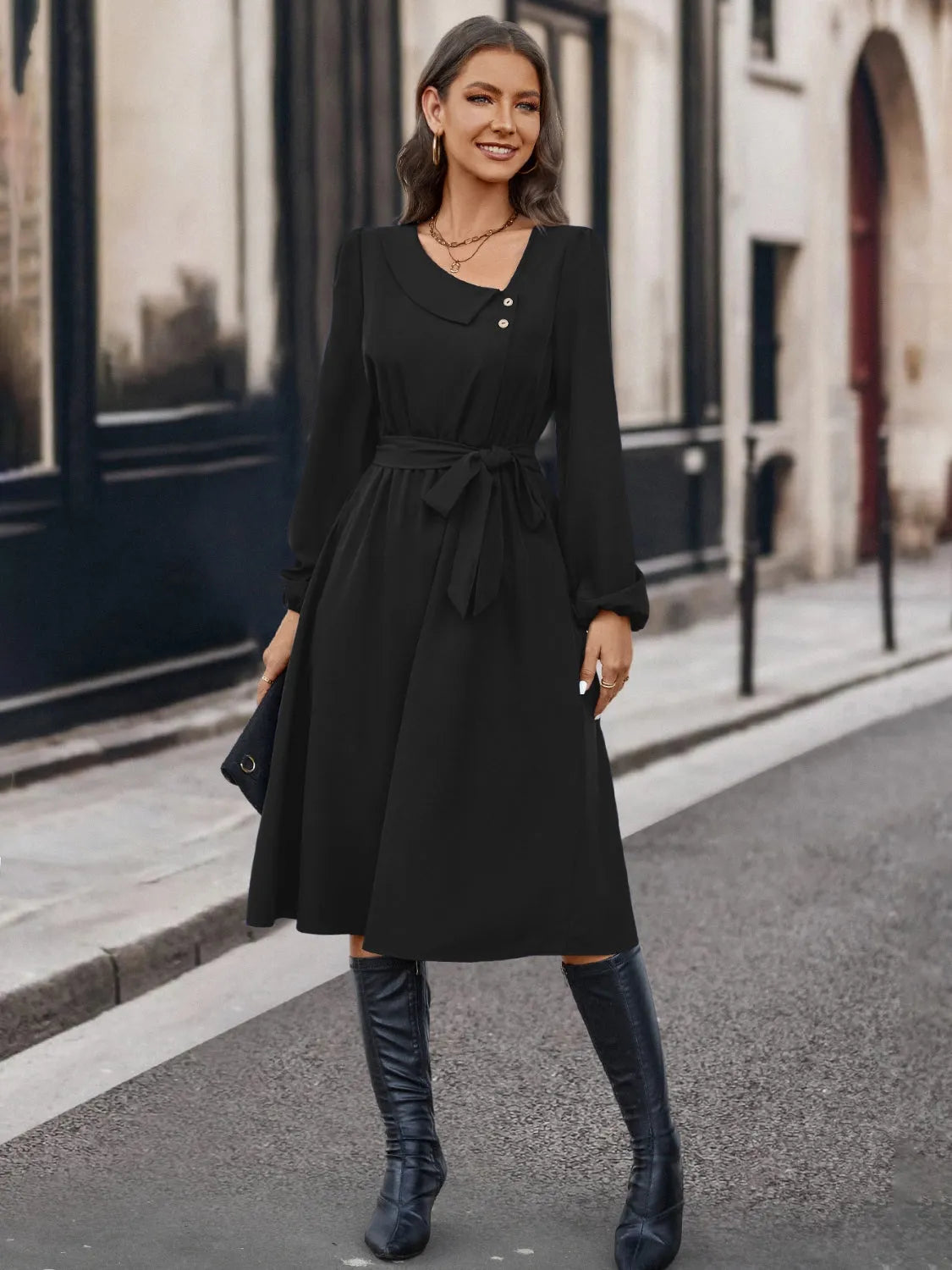 Buttoned Tie Front Long Sleeve Asymmetrical Neck Dress Casual Dresses - Tophatter Daily Deals