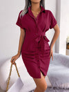 Button Down Ruched Tie Belt Dress Wine Casual Dresses - Tophatter Daily Deals