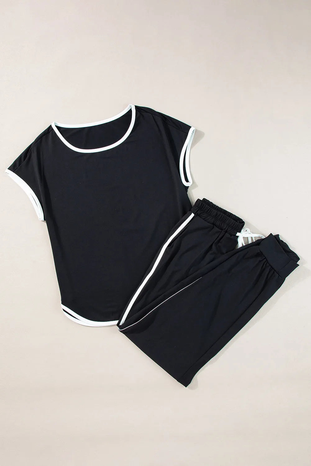 Black Colorblock Trim Casual Two Piece Lounge Set Loungewear & Sleepwear/Loungewear - Tophatter Daily Deals