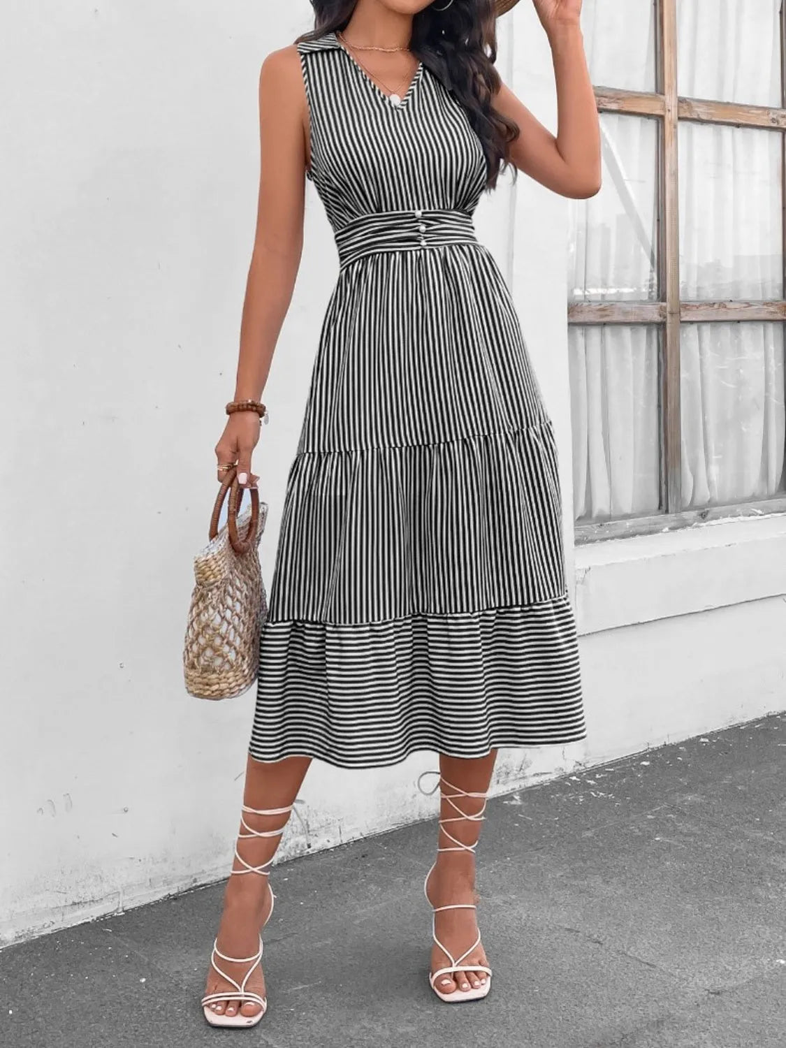 Striped Johnny Collar Sleeveless Midi Dress Black Casual Dresses - Tophatter Daily Deals