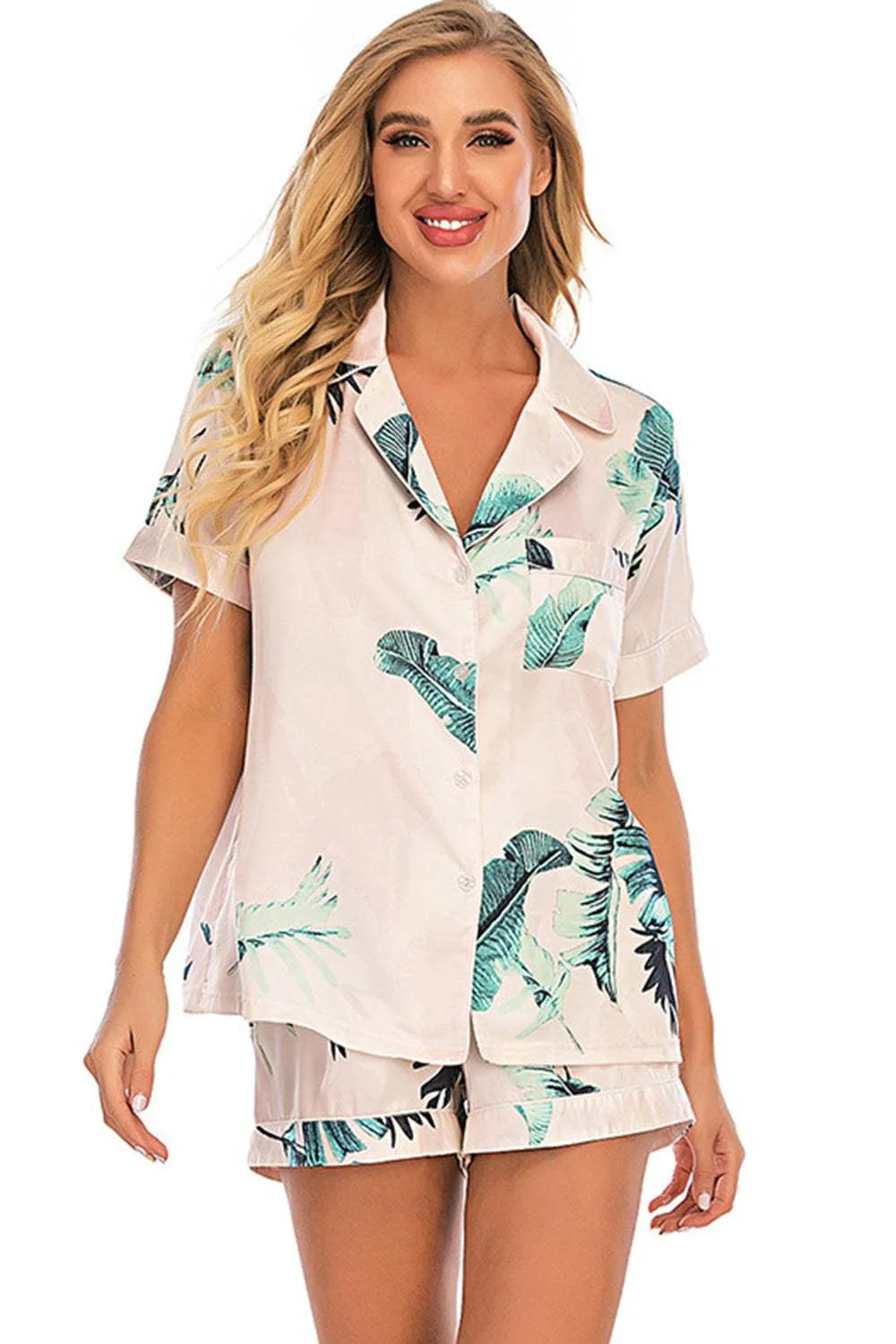 Printed Button Up Short Sleeve Top and Shorts Lounge Set Loungewear Sets - Tophatter Daily Deals
