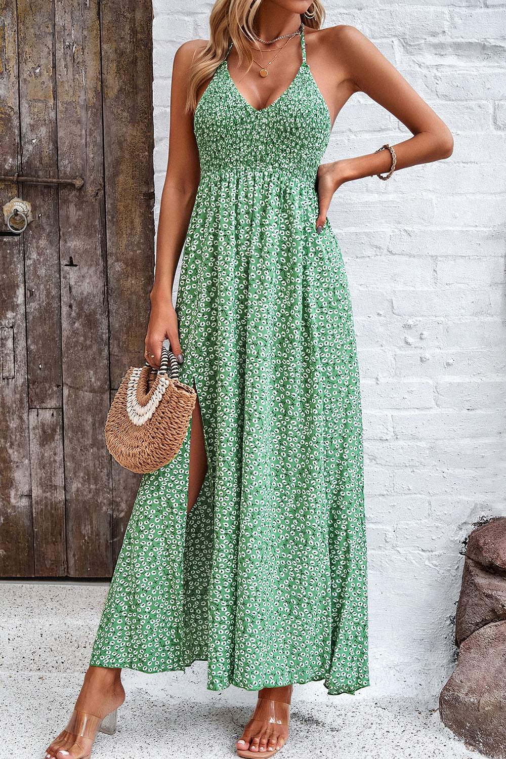 Smocked Slit Tied Printed Dress Mid Green Casual Dresses - Tophatter Daily Deals