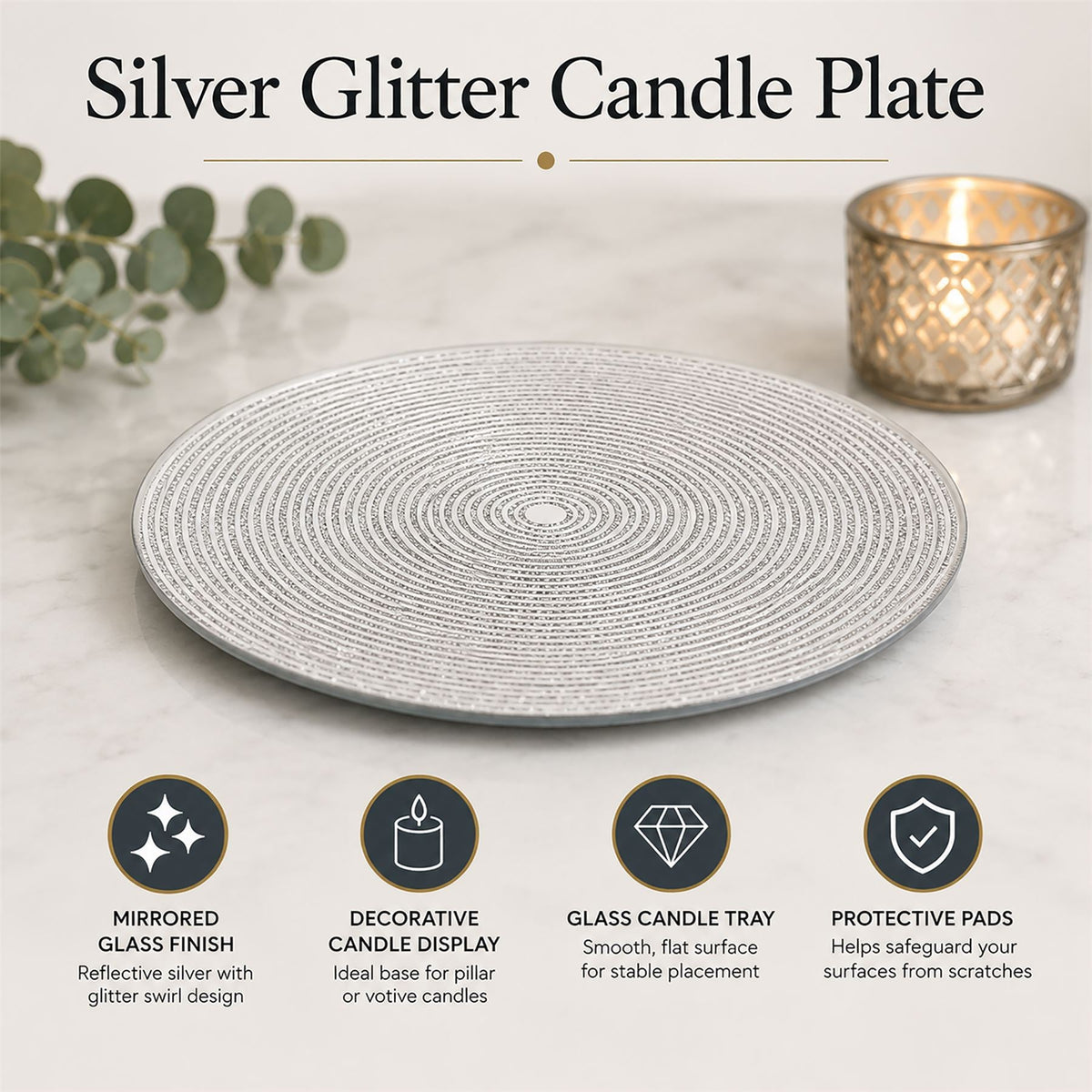 Round Silver Glitter Candle Plate, 15 cm Mirrored Glass Candle Stand Candle Plate - Tophatter Daily Deals