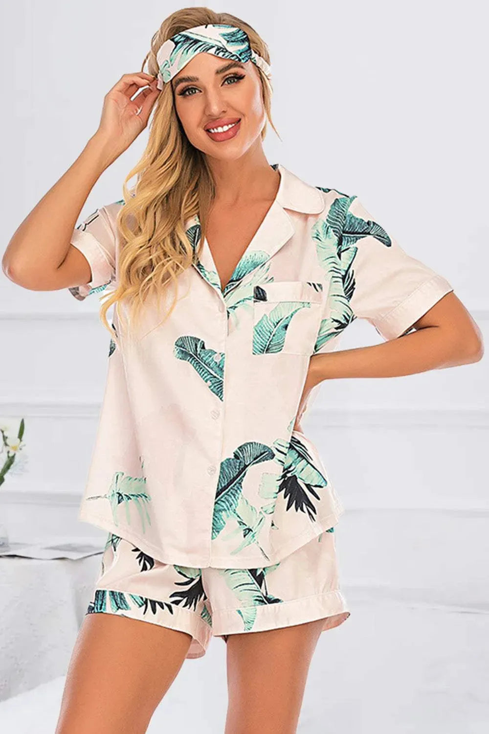 Printed Button Up Short Sleeve Top and Shorts Lounge Set Dust Storm Loungewear Sets - Tophatter Daily Deals