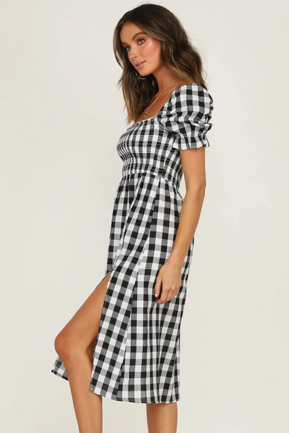 Full Size Slit Plaid Short Sleeve Midi Dress Casual Dresses - Tophatter Daily Deals