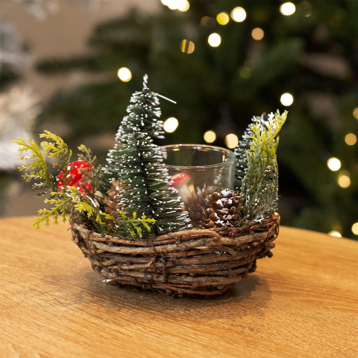 Christmas Tree Tealight Candle Holder | Pinecone & Toadstool Centrepiece - 12cm Candle Holder - Tophatter Daily Deals