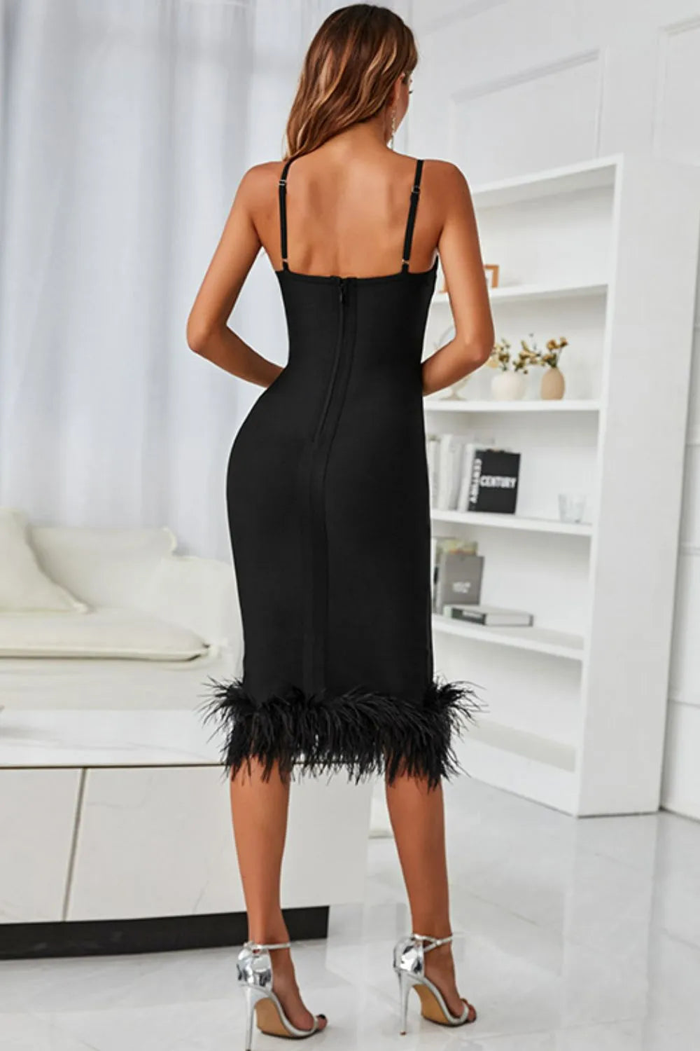 Spaghetti Strap Feather Trim Bodycon Dress Cocktail Dresses - Tophatter Daily Deals