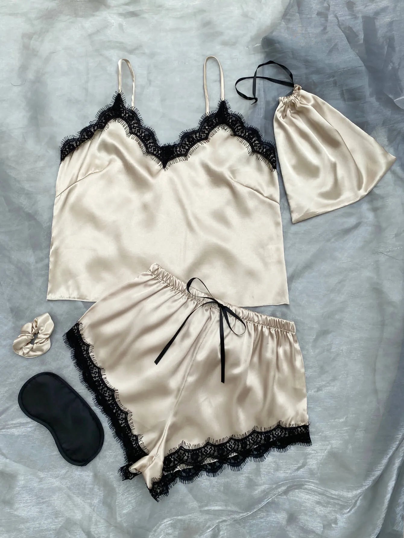 Lace Trim Cami, Shorts, Eye Mask, Scrunchie, and Bag Pajama Set Taupe Loungewear Sets - Tophatter Daily Deals