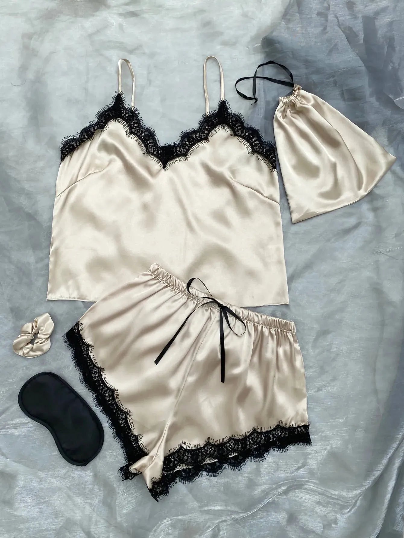 Lace Trim Cami, Shorts, Eye Mask, Scrunchie, and Bag Pajama Set Taupe Loungewear Sets - Tophatter Daily Deals