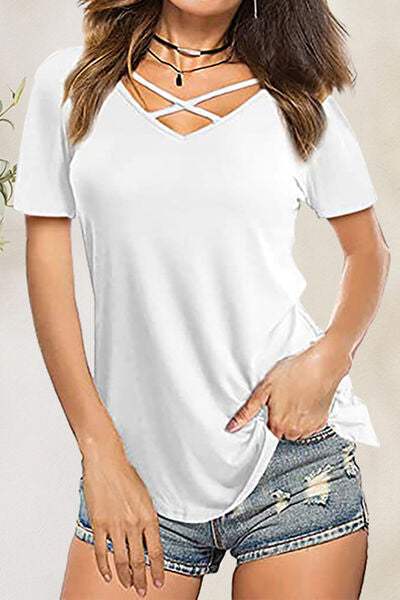 Crisscross Short Sleeve T-Shirt White Women's T-Shirts - Tophatter Daily Deals