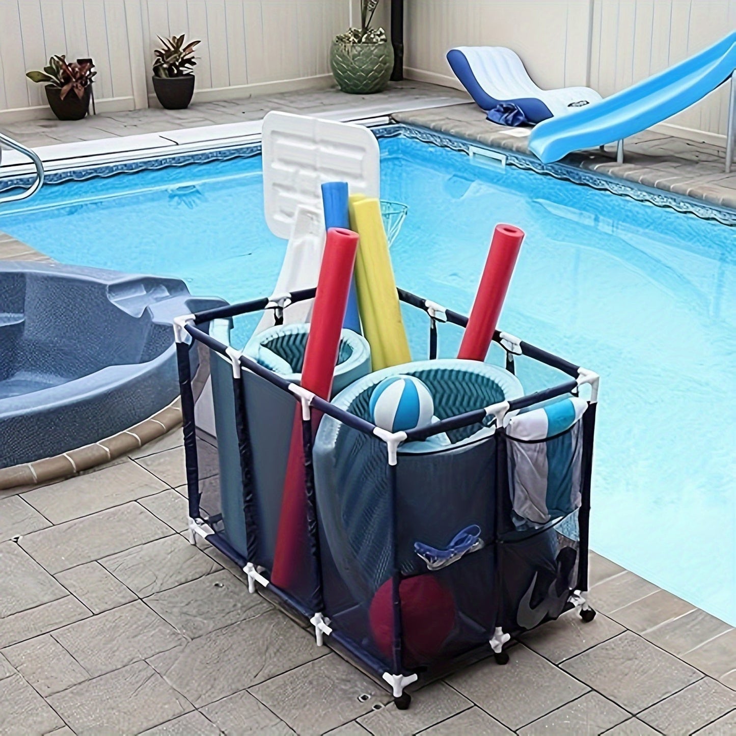 Mesh Pool Storage Organizer Cart with Wheels Pool & Spa Accessories - Tophatter Daily Deals