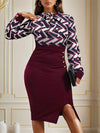 Decorative Button Slit Printed Long Sleeve Dress Burgundy Casual Dresses - Tophatter Daily Deals