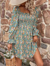 Floral Smocked Flounce Sleeve Square Neck Dress Turquoise Casual Dresses - Tophatter Daily Deals