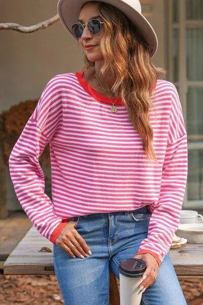 Striped Round Neck Drop Shoulder T-Shirt Hot Pink Blouses - Tophatter Daily Deals