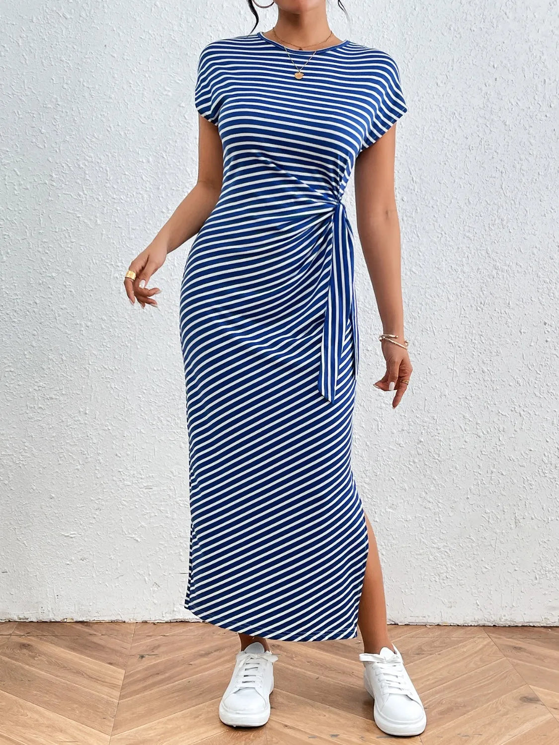 Tied Striped Round Neck Short Sleeve Tee Dress Casual Dresses - Tophatter Daily Deals