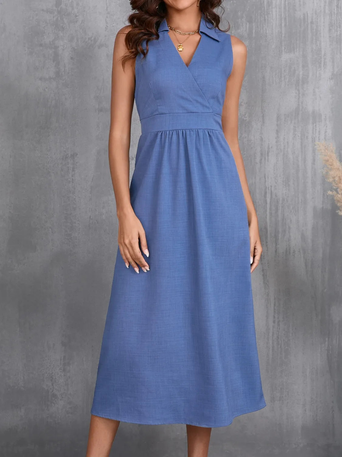 Ruched Sleeveless Midi Dress Dusty Blue Casual Dresses - Tophatter Daily Deals