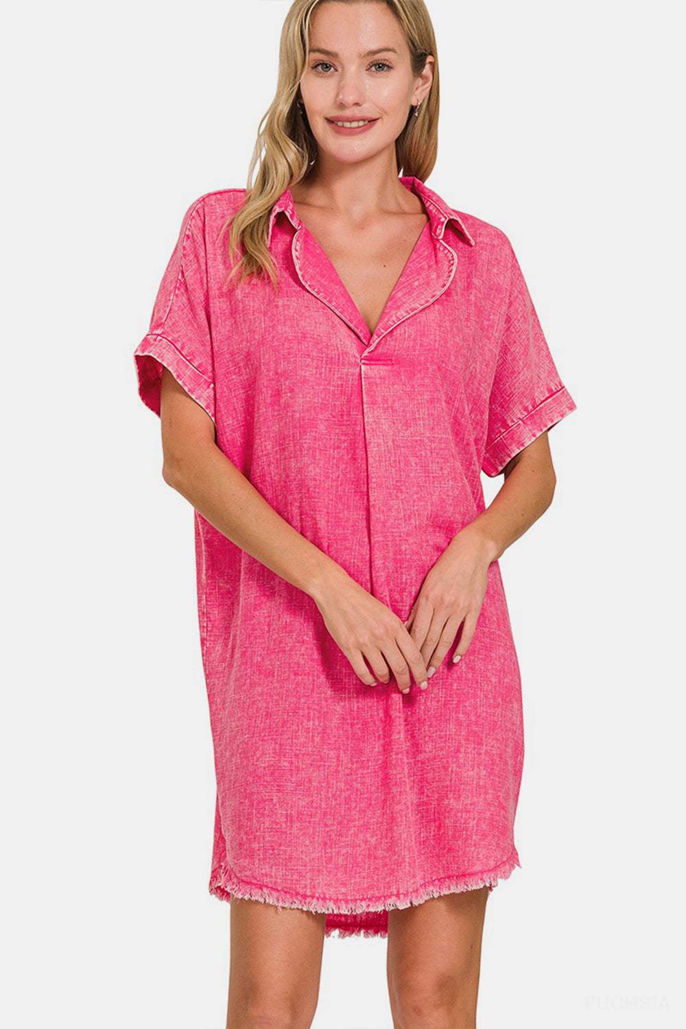 Zenana Washed Linen V-Neck Raw Hem Dress FUCHSIA Casual Dresses - Tophatter Daily Deals