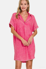 Zenana Washed Linen V-Neck Raw Hem Dress FUCHSIA Casual Dresses - Tophatter Daily Deals