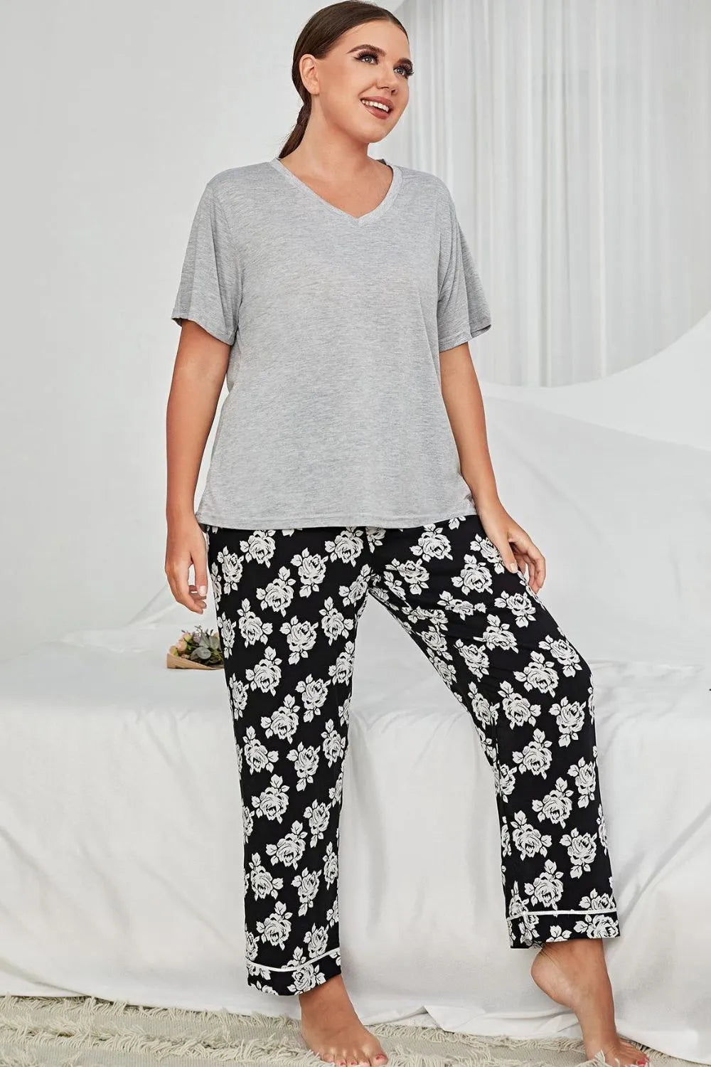 Plus Size V-Neck Tee and Floral Pants Lounge Set Gray Black Loungewear Sets - Tophatter Daily Deals