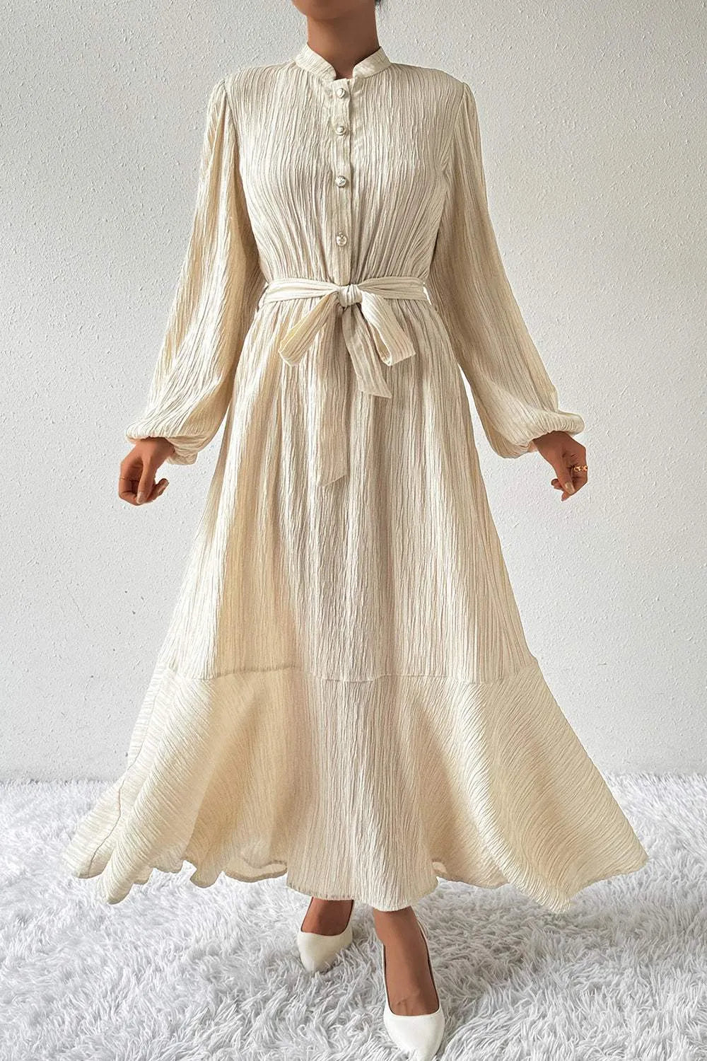 Tied Button Up Balloon Sleeve Dress Casual Dresses - Tophatter Daily Deals