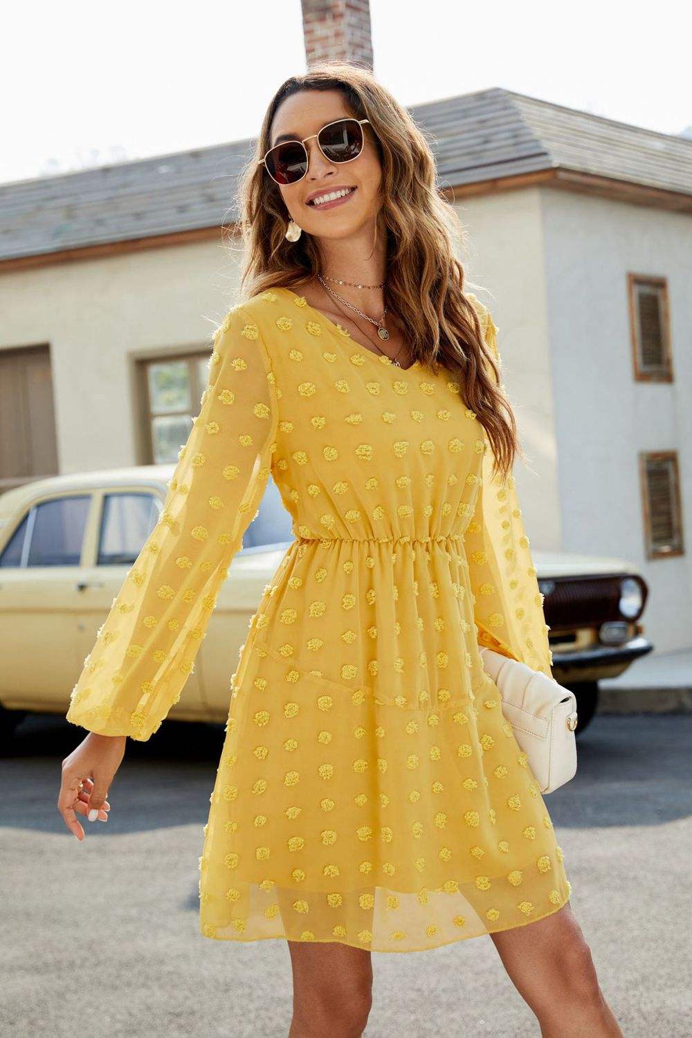 Swiss Dot V-Neck Lantern Sleeve Mini Dress Casual Dresses - Tophatter Daily Deals