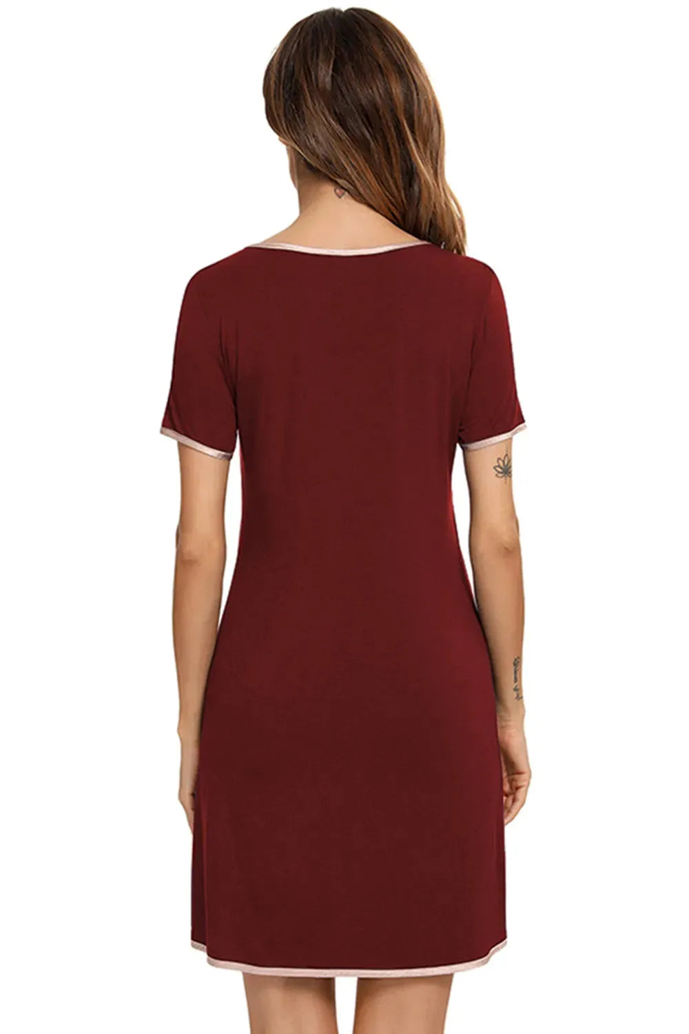 Contrast Trim Pocketed Round Neck Lounge Dress Sleep Dresses - Tophatter Daily Deals