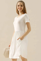 Ninexis Full Size Round Neck Ruched Dress with Pockets Cocktail Dresses - Tophatter Daily Deals