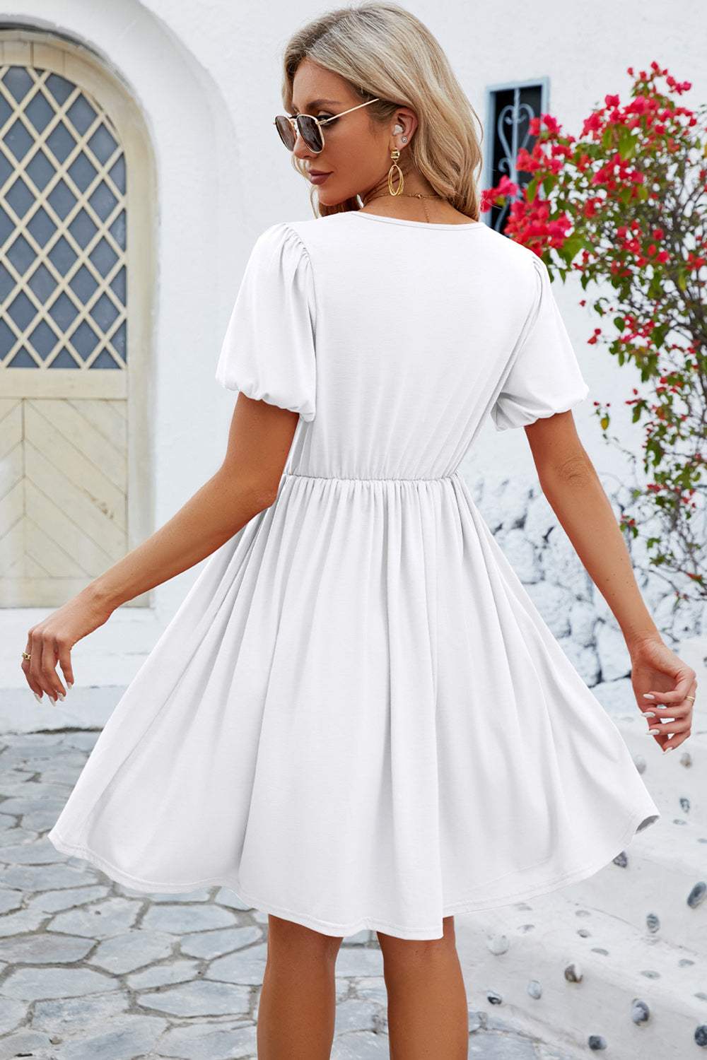 V-Neck Balloon Short Sleeve Dress Casual Dresses - Tophatter Daily Deals