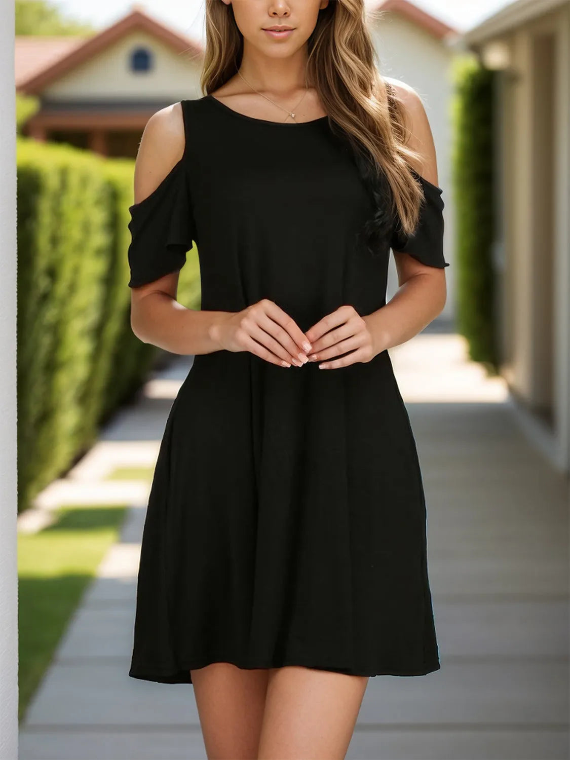 Round Neck Cold Shoulder Mini Dress Black Casual Dresses - Tophatter Daily Deals