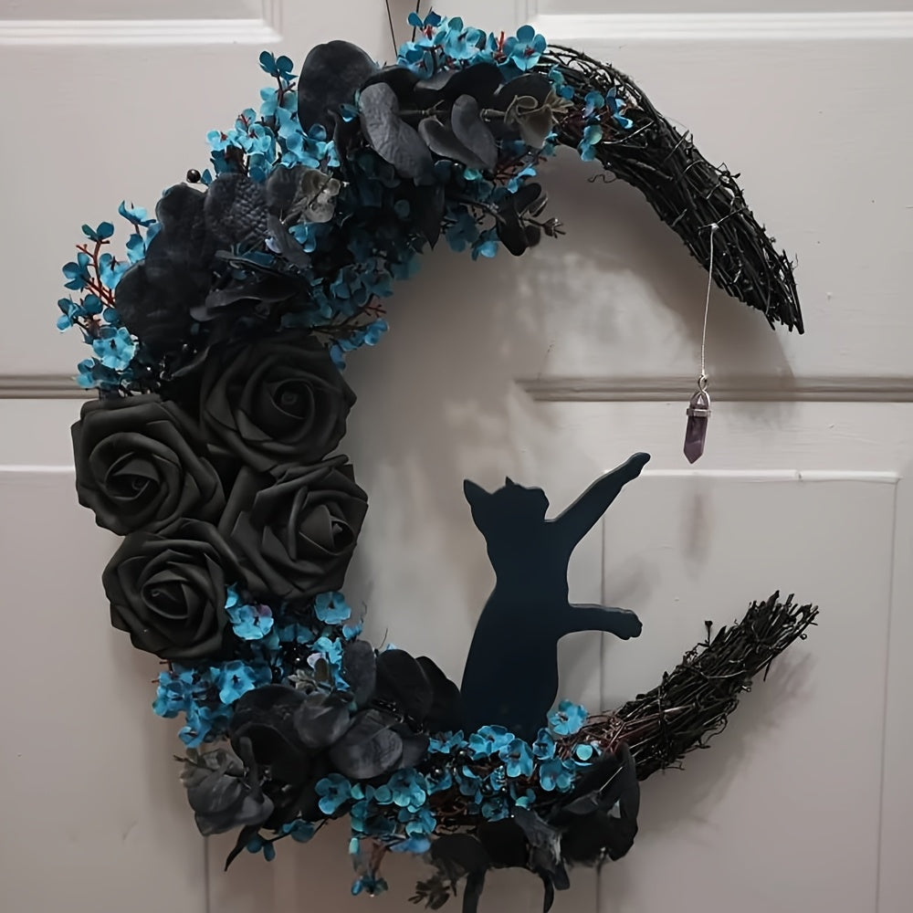 Gothic Cat Moon Wreath Halloween Door Decor - Tophatter Daily Deals