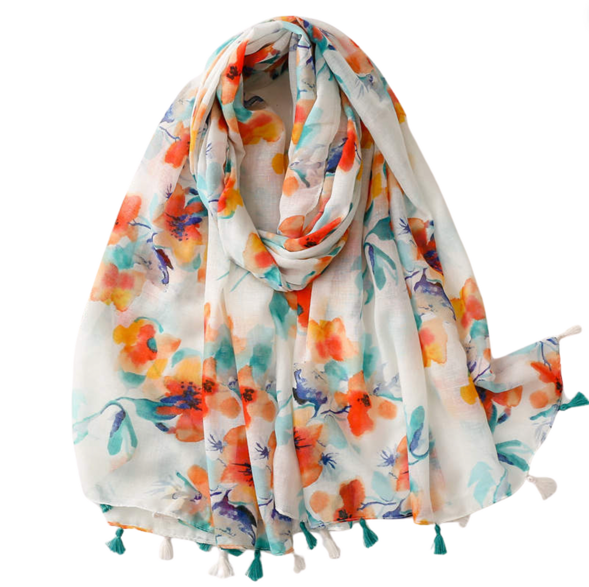 Watercolor Poppy and Floral Scarf with Tassels Multi Scarves - Tophatter Daily Deals