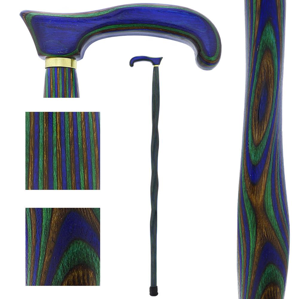 USA-Made Twisted Design Cane: Green, Blue & Brown Colorwood Wooden Colortone Walking Canes - Tophatter Daily Deals
