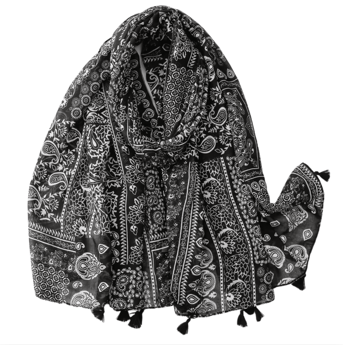 Bold Black-and-White Paisley Scarf with Tassels Multi Scarves - Tophatter Daily Deals