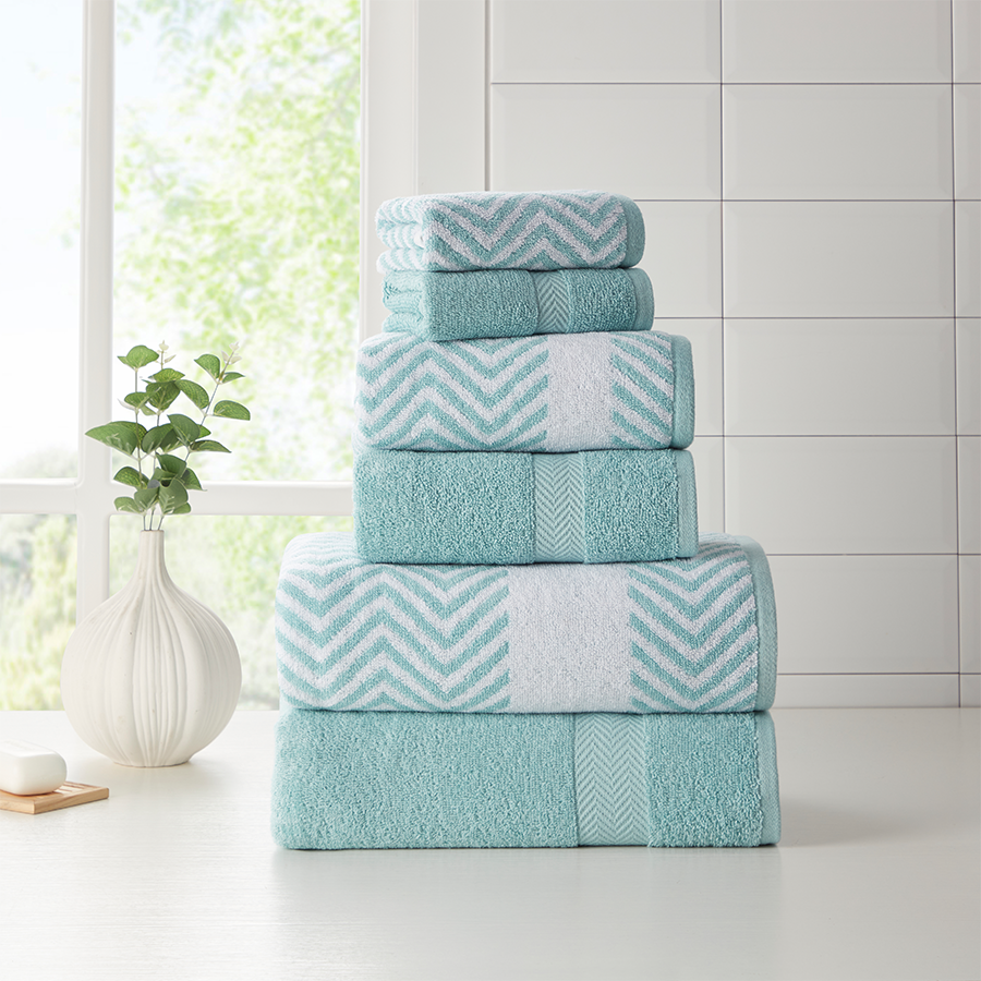 Kathy Ireland 6 Piece Chevron Jacquard Towel Set with Lets Dry Aqua Bath Towel - Tophatter Daily Deals