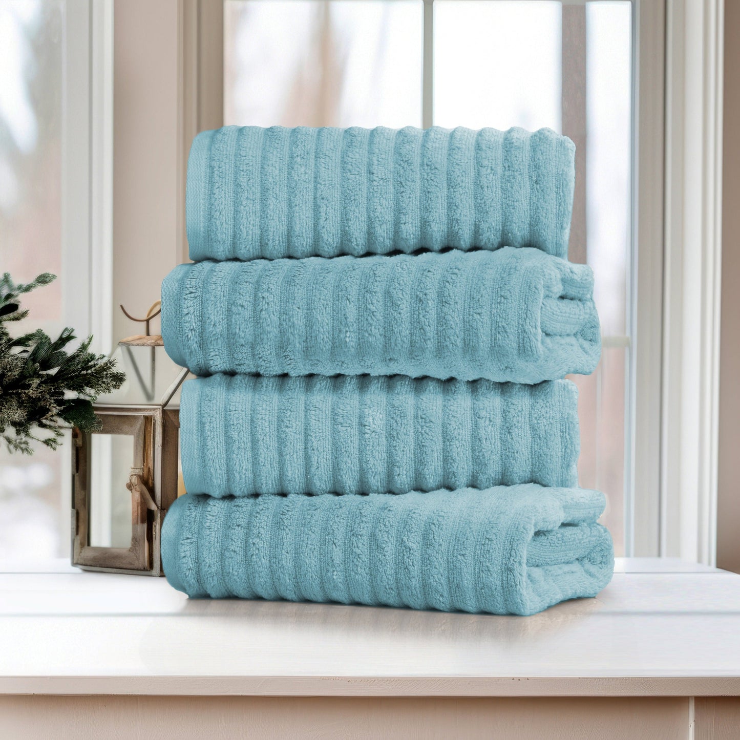 Bibb Home 4 Pack Ribbed Egyptian Cotton Bath Towel Set Aqua Bath Towel - Tophatter Daily Deals
