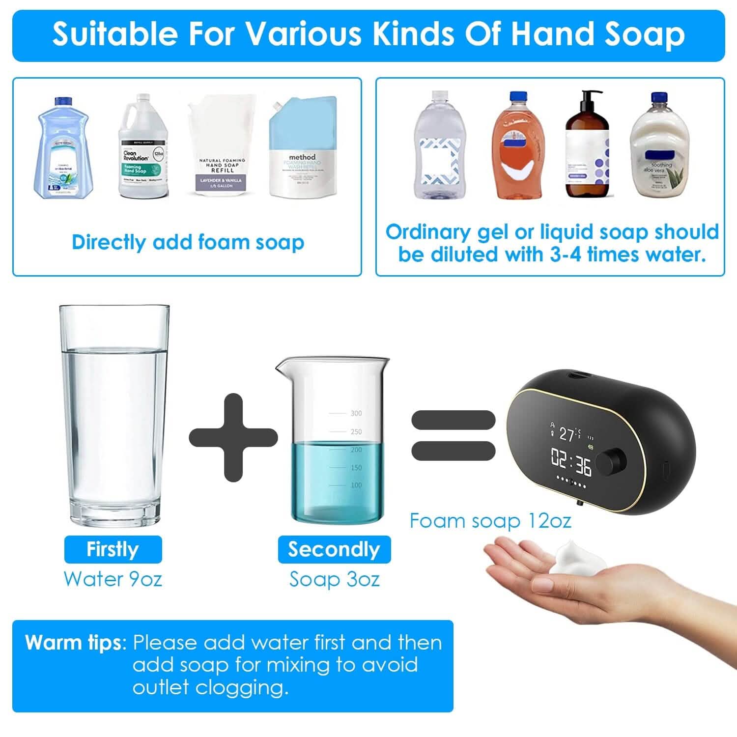 Automatic Soap Dispenser Wall Mounted Hand Free with Clock Temperature Bath - Tophatter Daily Deals