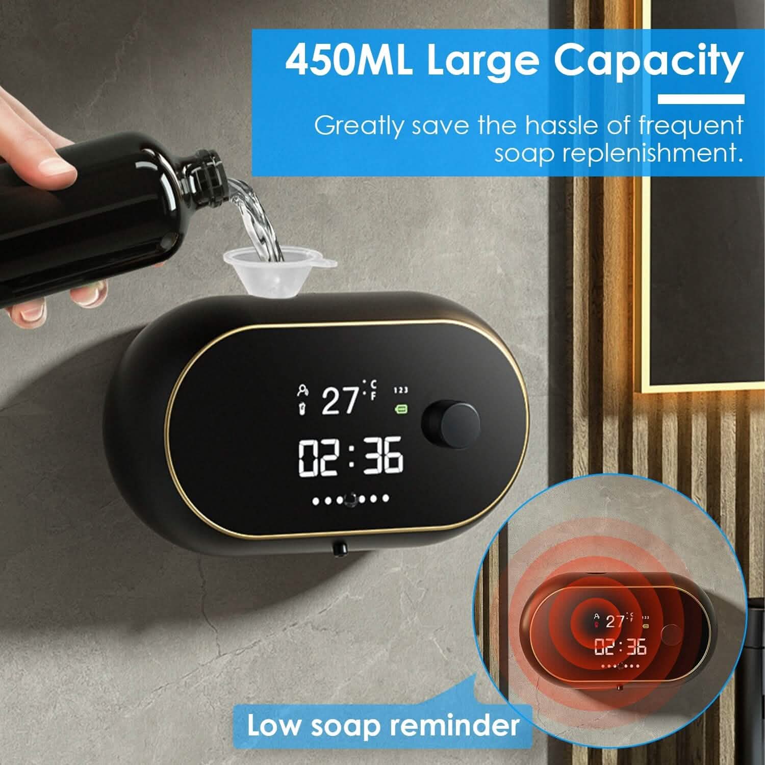 Automatic Soap Dispenser Wall Mounted Hand Free with Clock Temperature Bath - Tophatter Daily Deals