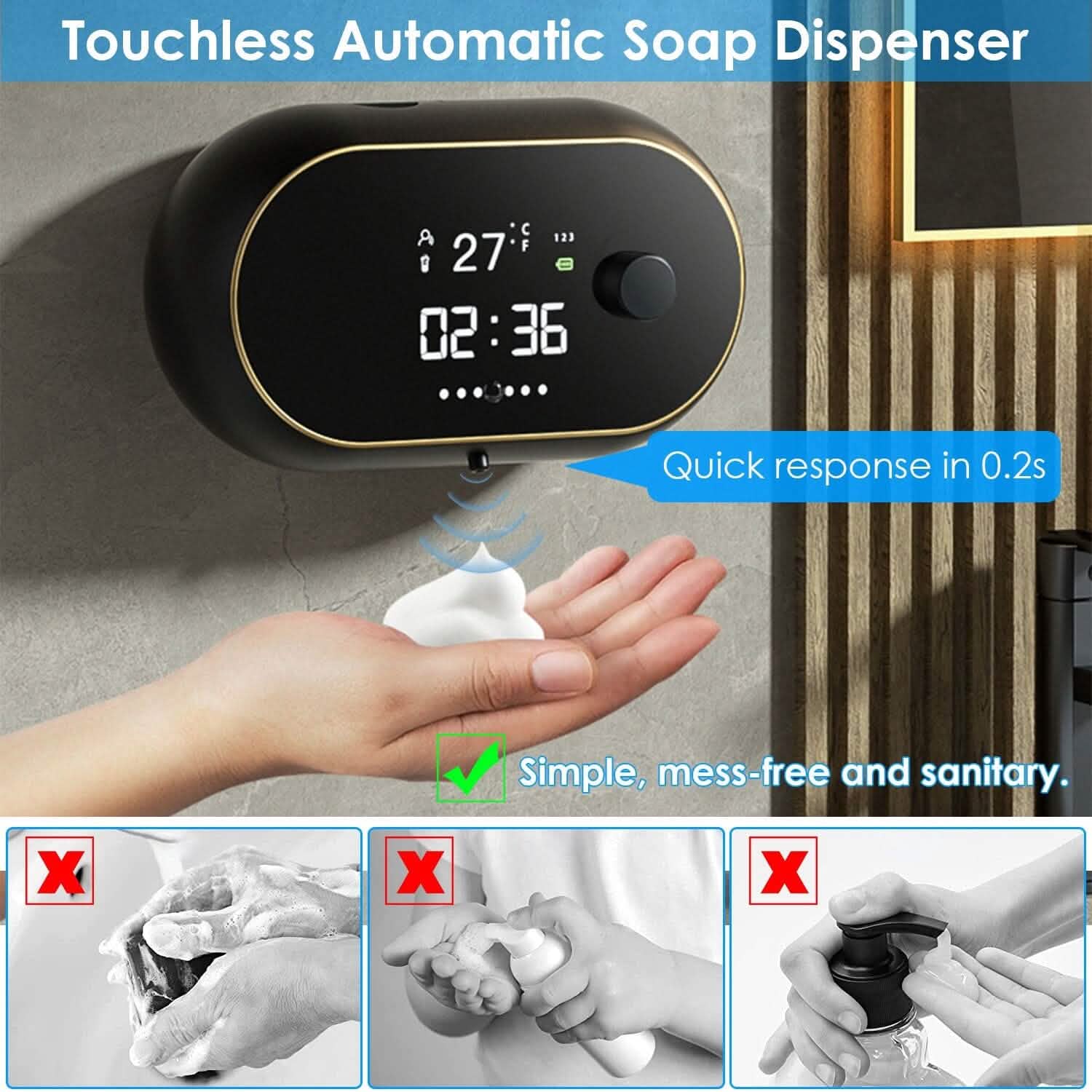 Automatic Soap Dispenser Wall Mounted Hand Free with Clock Temperature Bath - Tophatter Daily Deals