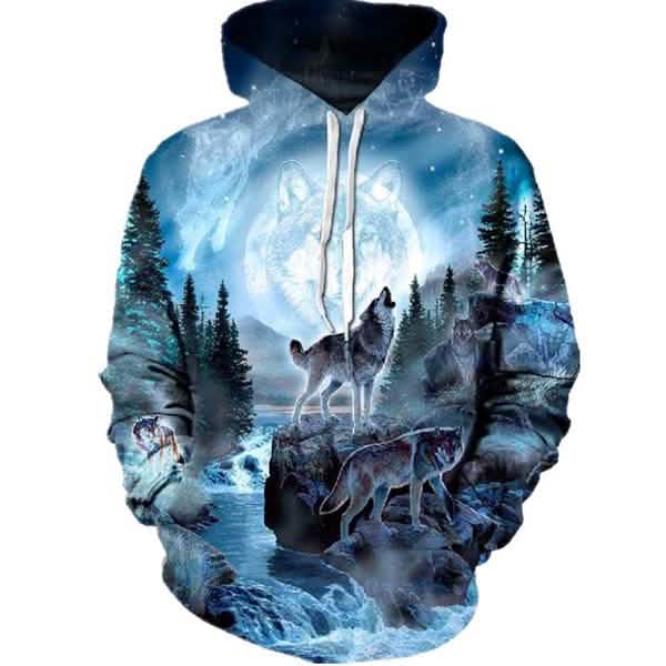 Autumn and Winter 3D Printed Wolf Sweatshirt Hoodie Silver Men's Tops - Tophatter Daily Deals
