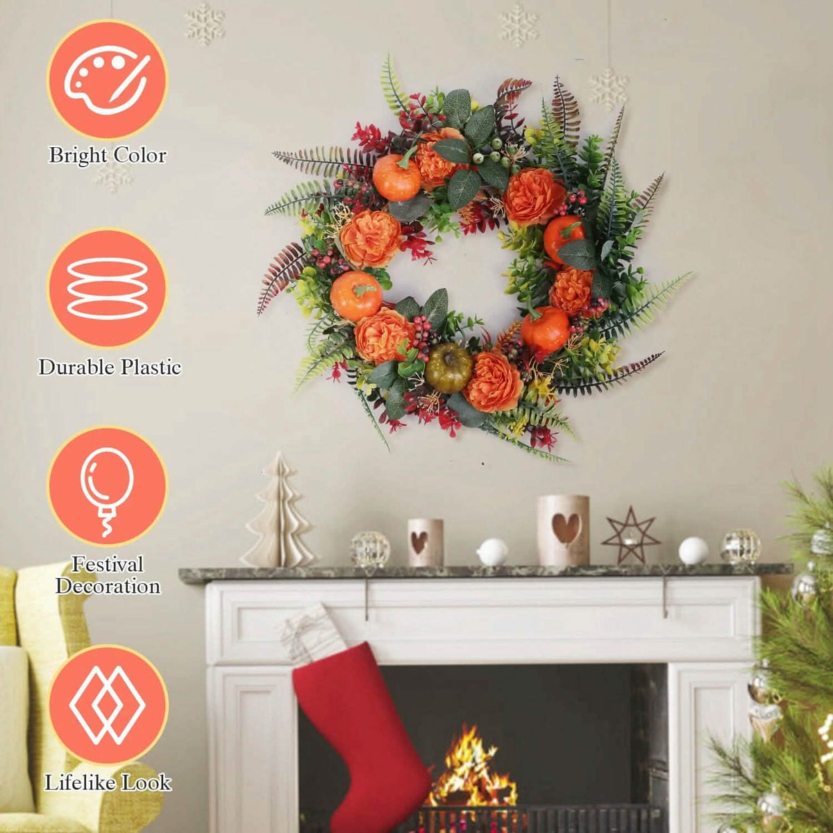 Autumn Wreath with Pumpkin Mixed Leaves Berries Flower Fall Seasonal Decor - Tophatter Daily Deals