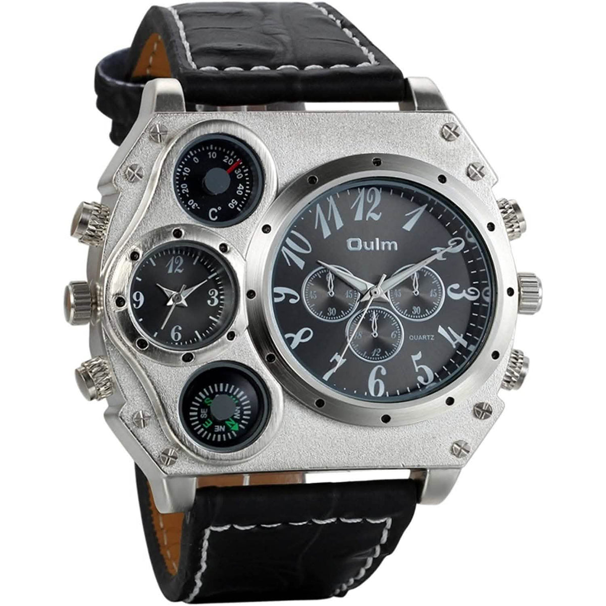 Avaner Mens Big Face Dual Time Zone Leather Strap Sport Watch Black Watches - Tophatter Daily Deals