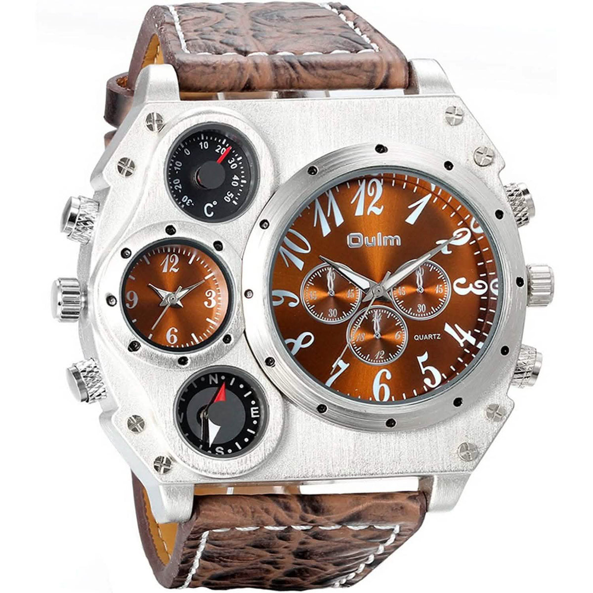 Avaner Mens Big Face Dual Time Zone Leather Strap Sport Watch Brown Watches - Tophatter Daily Deals