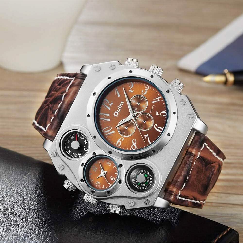 Avaner Mens Big Face Dual Time Zone Leather Strap Sport Watch Watches - Tophatter Daily Deals